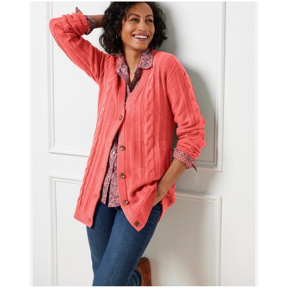 Talbots XL Cardigan Cable Knit V-Neck Sweater Button Front Coral Pink Cozy